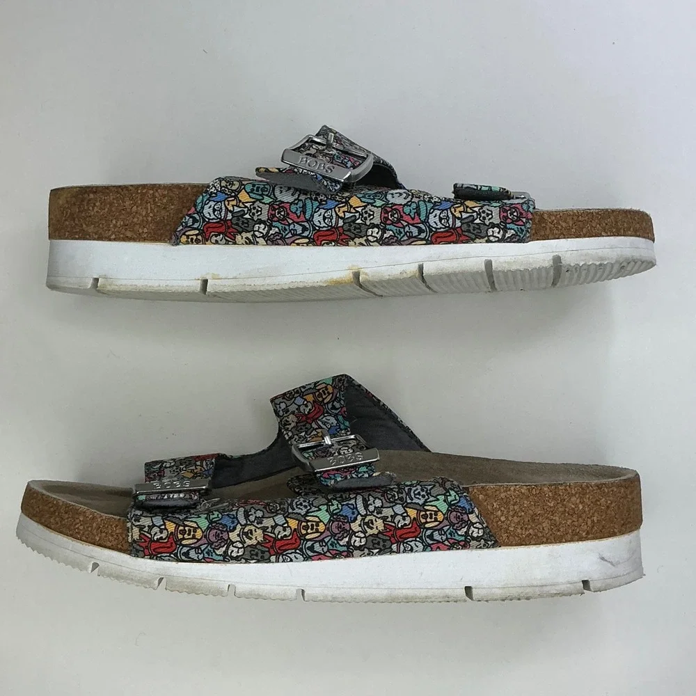 BOBS Skechers Multicolor Dog Print Slide Sandals Kids Size 7 Memory Foam Buckle